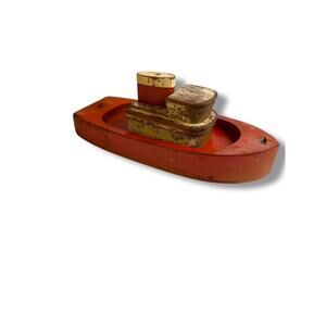 1940s Toy Wooden Tugboat Floating Rustic Primitive Red White 8"